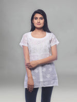 Load image into Gallery viewer, Seva Chikan Hand Embroidered White Cotton Lucknowi Chikankari Short Top With Silver Zari Work-SCL0188