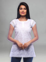 Load image into Gallery viewer, Seva Chikan Hand Embroidered White Cotton Lucknowi Chikankari Short Top-SCL0190
