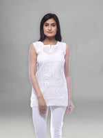 Load image into Gallery viewer, Seva Chikan Hand Embroidered White Cotton Lucknowi Chikankari Short Top With Sequins Work-SCL0191