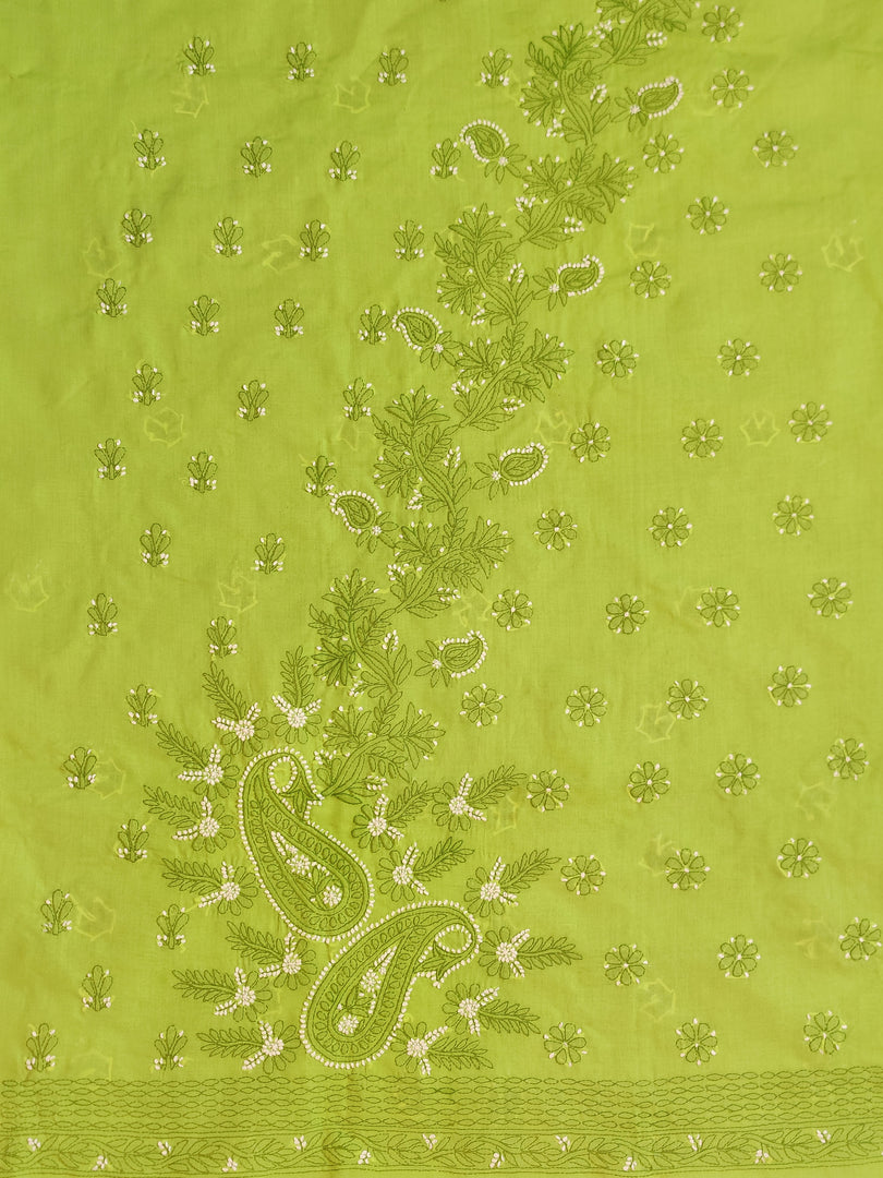 Seva Chikan Hand Embroidered Green Terivoil Cotton Lucknowi Chikankari Unstitched Suit Piece-SCL13001