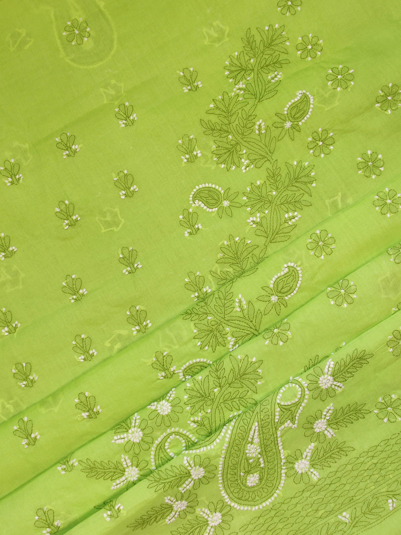 Seva Chikan Hand Embroidered Green Terivoil Cotton Lucknowi Chikankari Unstitched Suit Piece-SCL13001