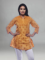 Load image into Gallery viewer, Seva Chikan Hand Embroidered Mustard Cotton Lucknowi Chikan Short Top-SCL0326