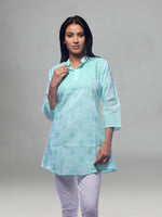 Load image into Gallery viewer, Seva Chikan Hand Embroidered Sea Green Cotton Lucknowi Chikankari Short Top-SCL0327