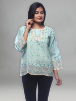 Load image into Gallery viewer, Seva Chikan Hand Embroidered Sea Green Cotton Lucknowi Chikankari Short Top-SCL0345