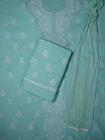 Load image into Gallery viewer, Seva Chikan Hand Embroidered Sea Green Terivoil Cotton Lucknowi Chikankari Unstitched Suit Piece-SCL13023