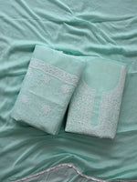 Load image into Gallery viewer, Seva Chikan Hand Embroidered Sea Green Terivoil Cotton Lucknowi Chikankari Unstitched Suit Piece-SCL13020