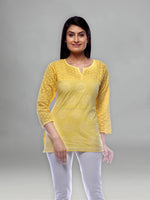 Load image into Gallery viewer, Seva Chikan Hand Embroidered Yellow Cotton Lucknowi Chikankari Short Top-SCL0501
