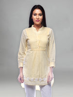 Load image into Gallery viewer, Seva Chikan Hand Embroidered Yellow Cotton Lucknowi Chikankari Short Top-SCL0502