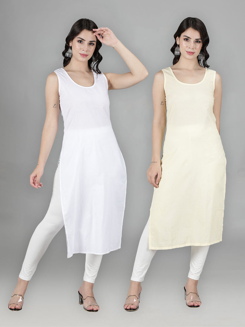 Seva Chikan Cotton Long Slips Combo of White (Pack of 2)