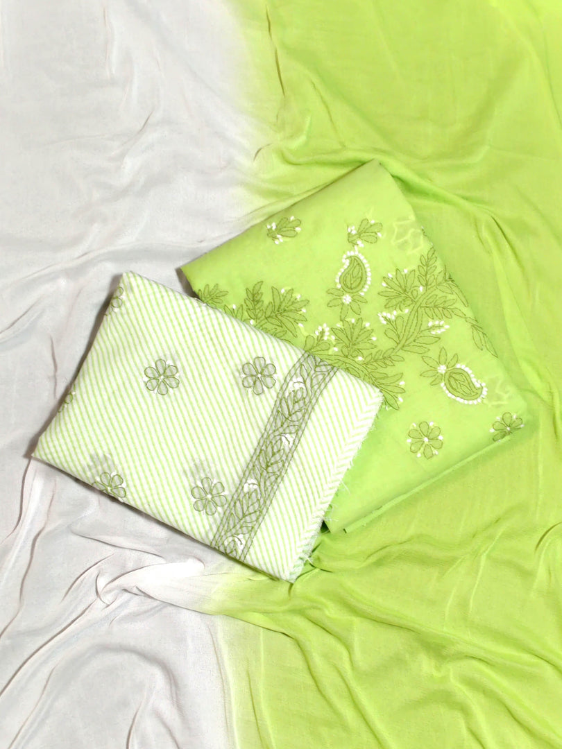 Seva Chikan Hand Embroidered Green Terivoil Cotton Lucknowi Chikankari Unstitched Suit Piece-SCL13001