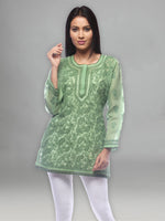 Load image into Gallery viewer, Seva Chikan Hand Embroidered Dark Green Cotton Lucknowi Chikan Short Top-SCL0175