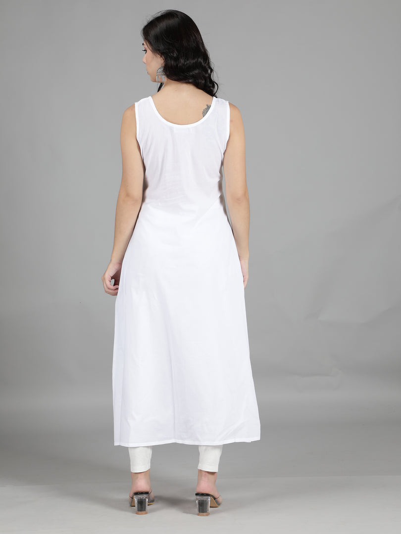 Seva Chikan White Cotton Long A-Line Slip- SCL5001