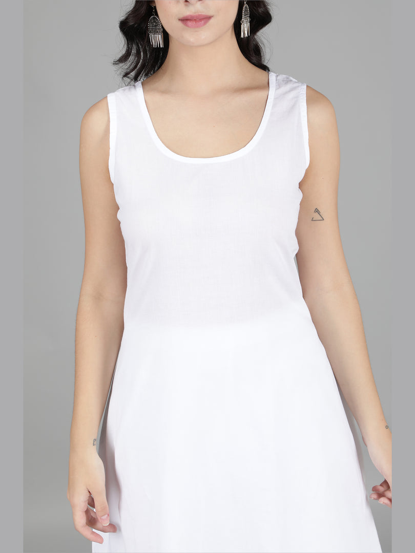 Seva Chikan White Cotton Long A-Line Slip- SCL5001
