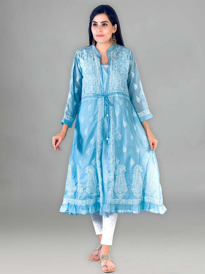 Seva Chikan Hand Embroidered Sky Blue Cotton Lucknowi Chikankari Sarag-SCL1368