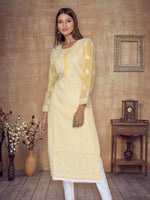 Load image into Gallery viewer, Seva Chikan Hand Embroidered Yellow Cotton Lucknowi Chikan Kurti SCL1075