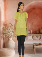 Load image into Gallery viewer, Seva Chikan Hand Embroidered Yellow Cotton Lucknowi Chikan Short Kurti SCL1072
