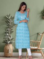 Load image into Gallery viewer, Seva Chikan Hand Embroidered Sky Blue Cotton Lucknowi Chikan Kurti SCL1043