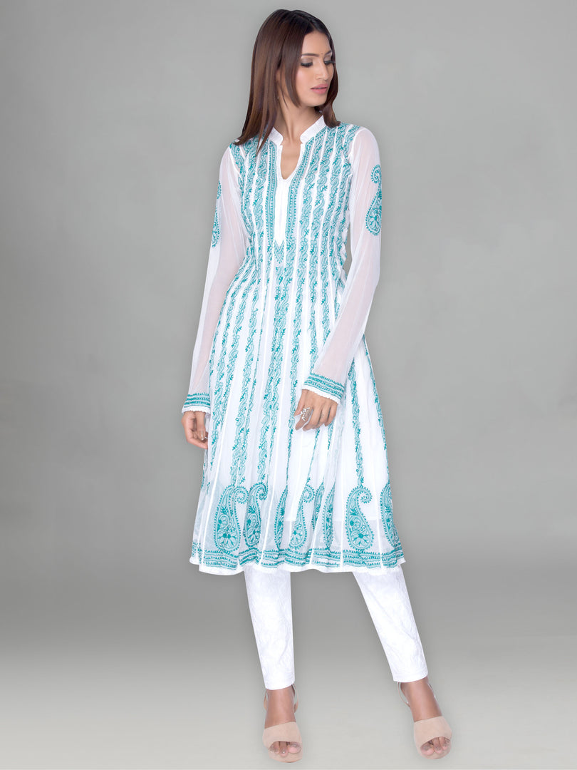 Seva Chikan Hand Embroidered White Georgette Lucknowi Chikankari Anarkali-SCL0992