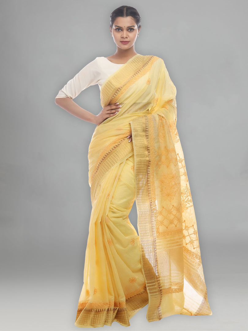 Seva Chikan Hand Embroidered Yellow Cotton Lucknowi Saree-SCL2490