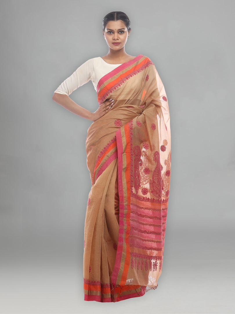Seva Chikan Hand Embroidered Fawn Cotton Lucknowi Saree -SCL2492