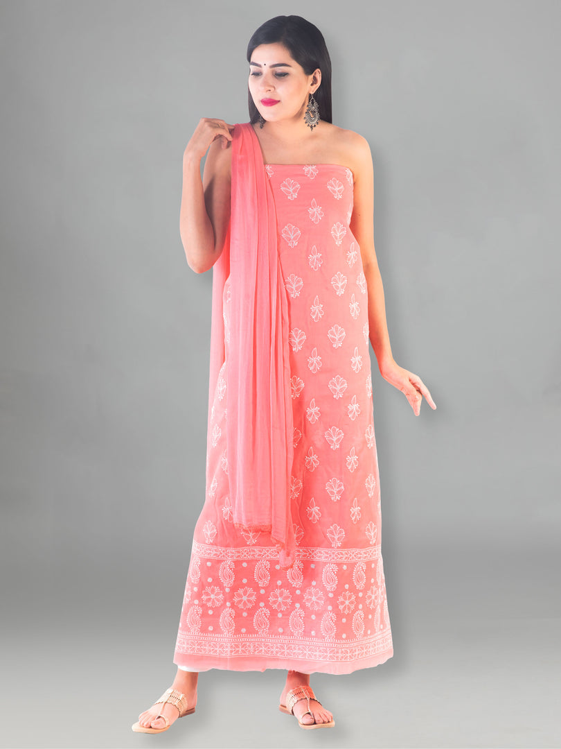 Seva Chikan Hand Embroidered Peach Cotton Lucknowi Chikan Unstitched Suit Piece-SCL1481