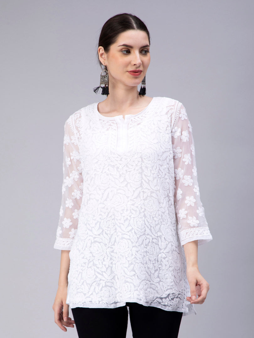 Seva Chikan Hand Embroidered Georgette Lucknowi Chikan Top With Slip