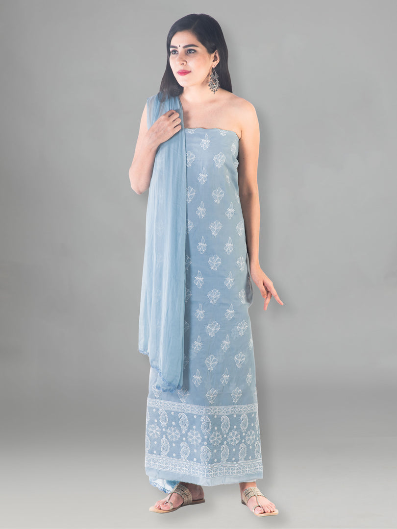 Seva Chikan Hand Embroidered Grey Cotton Lucknowi Chikan Unstitched Suit Piece-SCL1489