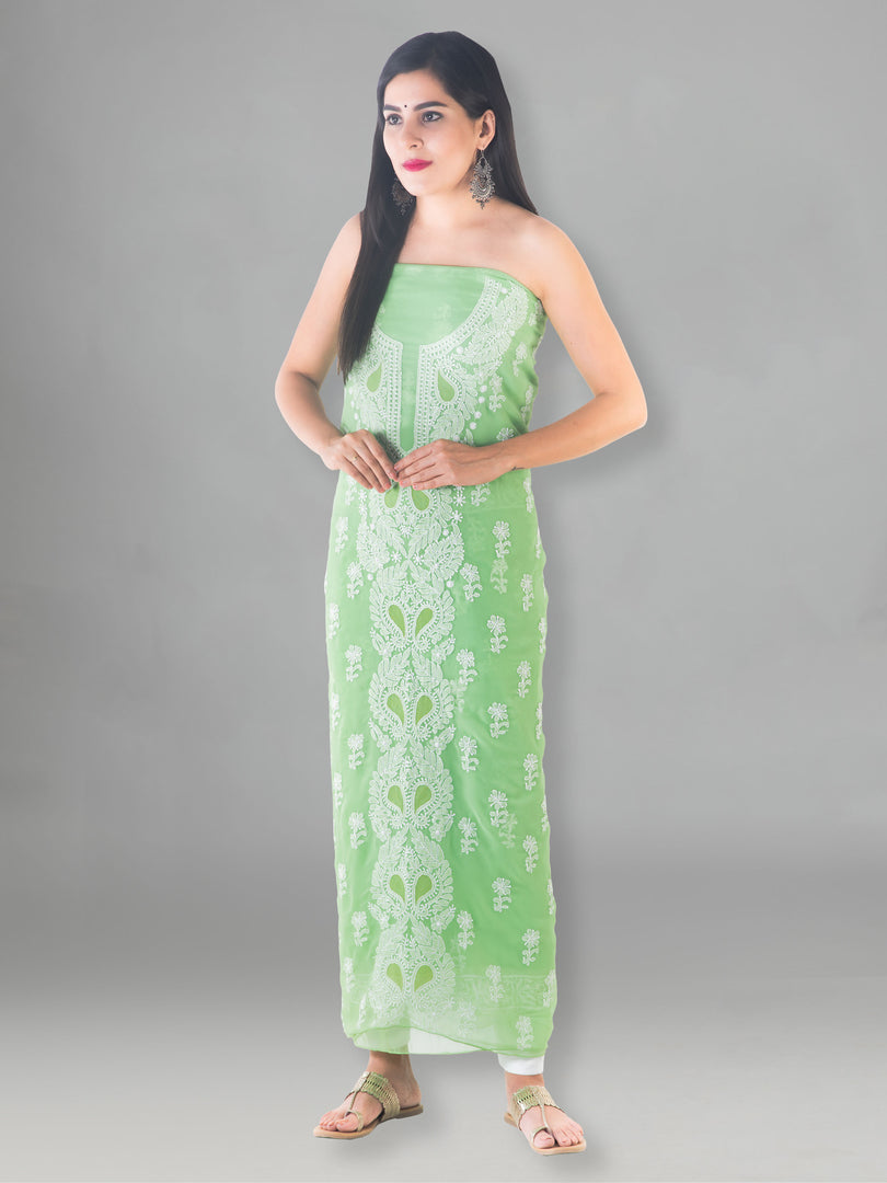 Seva Chikan Hand Embroidered Light Green Cotton Lucknowi Chikan Unstitched Suit Piece-SCL1490