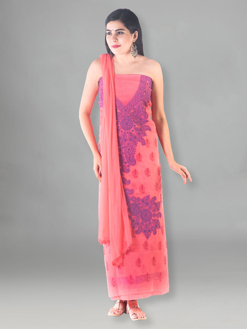 Seva Chikan Hand Embroidered Dark Pink Cotton Lucknowi Chikan Unstitched Suit Piece-SCL1491