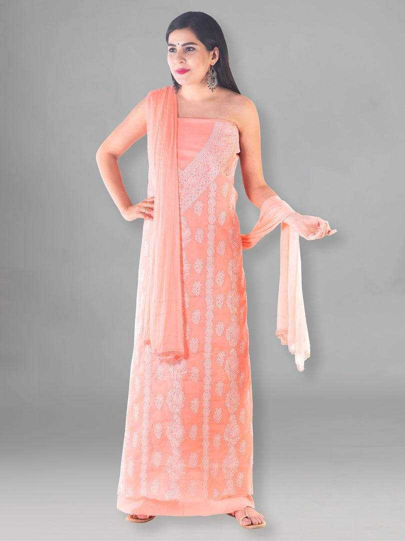 Seva Chikan Hand Embroidered Peach Cotton Lucknowi Chikan Unstitched Suit Piece-SCL1492
