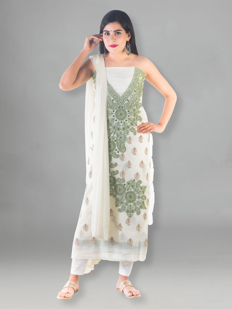 Seva Chikan Hand Embroidered Off White Cotton Lucknowi Chikan Unstitched Suit Piece-SCL1505