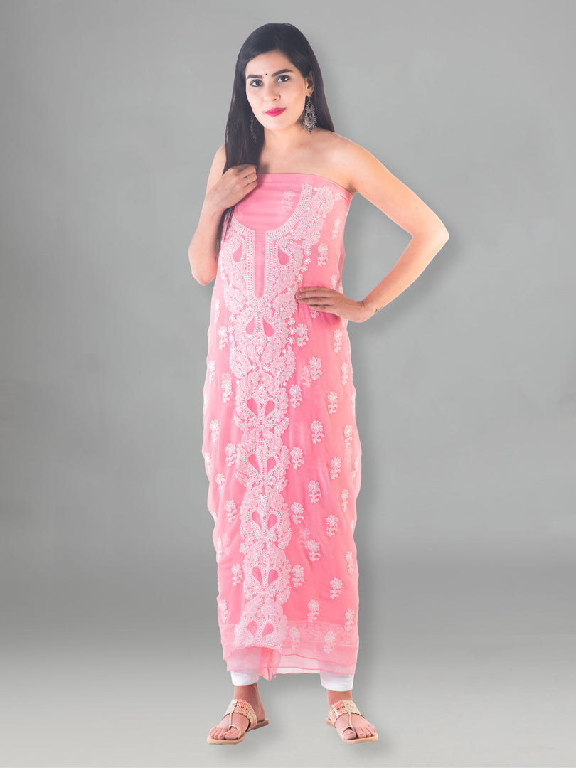 Seva Chikan Hand Embroidered Pink Cotton Lucknowi Chikan Unstitched Suit Piece-SCL1508