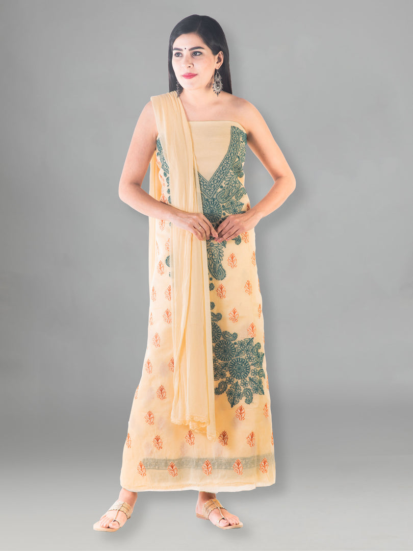 Seva Chikan Hand Embroidered Cream Cotton Lucknowi Chikan Unstitched Suit Piece-SCL1509