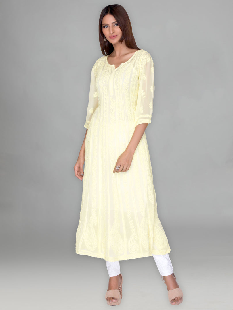 Seva Chikan Hand Embroidered Yellow Georgette Lucknowi Chikankari Anarkali-SCL1087