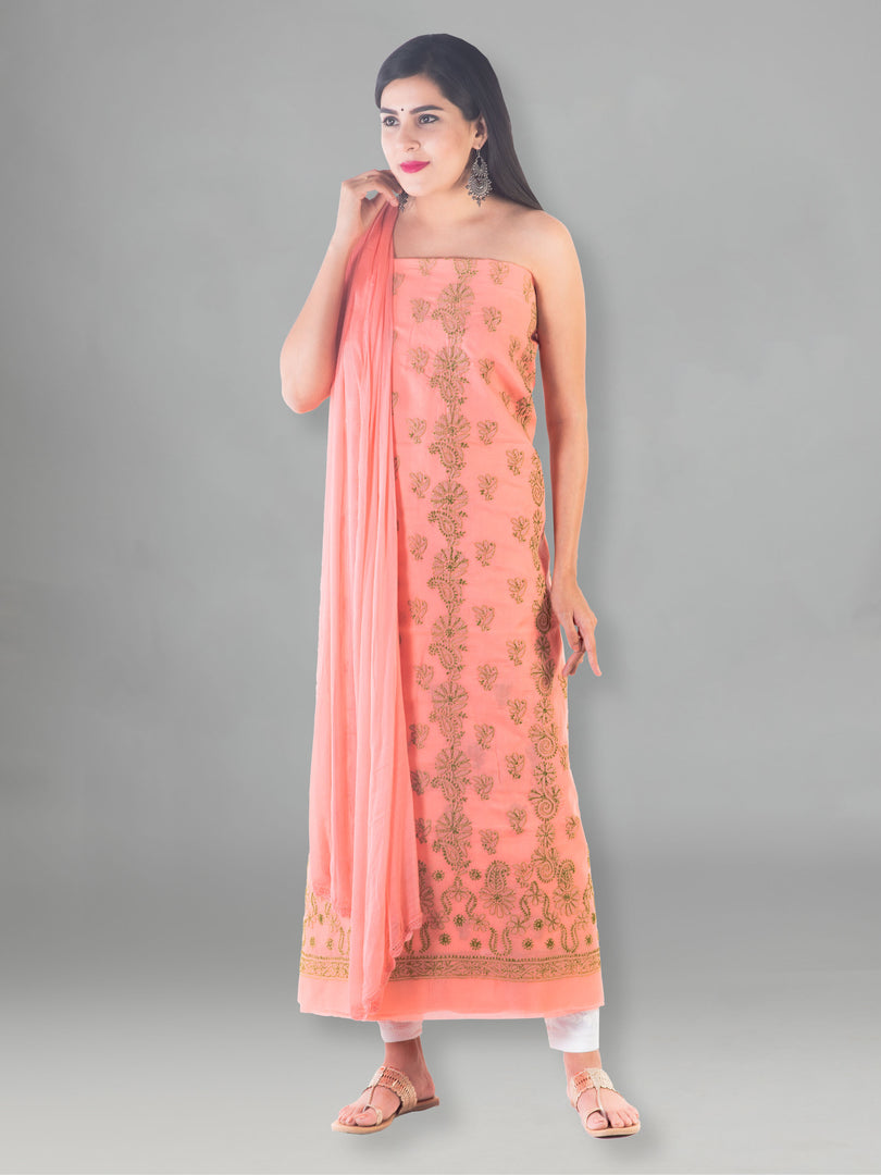 Seva Chikan Hand Embroidered Dark Peach Cotton Lucknowi Chikan Unstitched Suit Piece-SCL1511