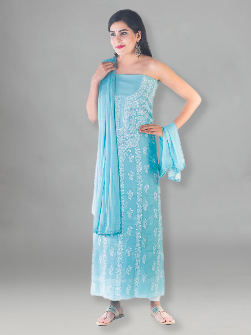 Seva Chikan Hand Embroidered Sky Blue Cotton Lucknowi Chikan Unstitched Suit Piece-SCL1512