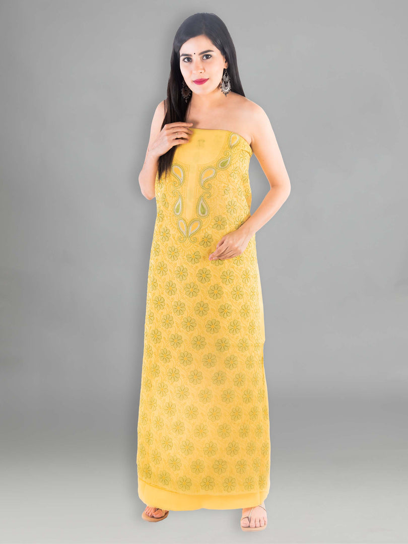 Seva Chikan Hand Embroidered Yellow Cotton Lucknowi Chikan Unstitched Suit Piece-SCL1536