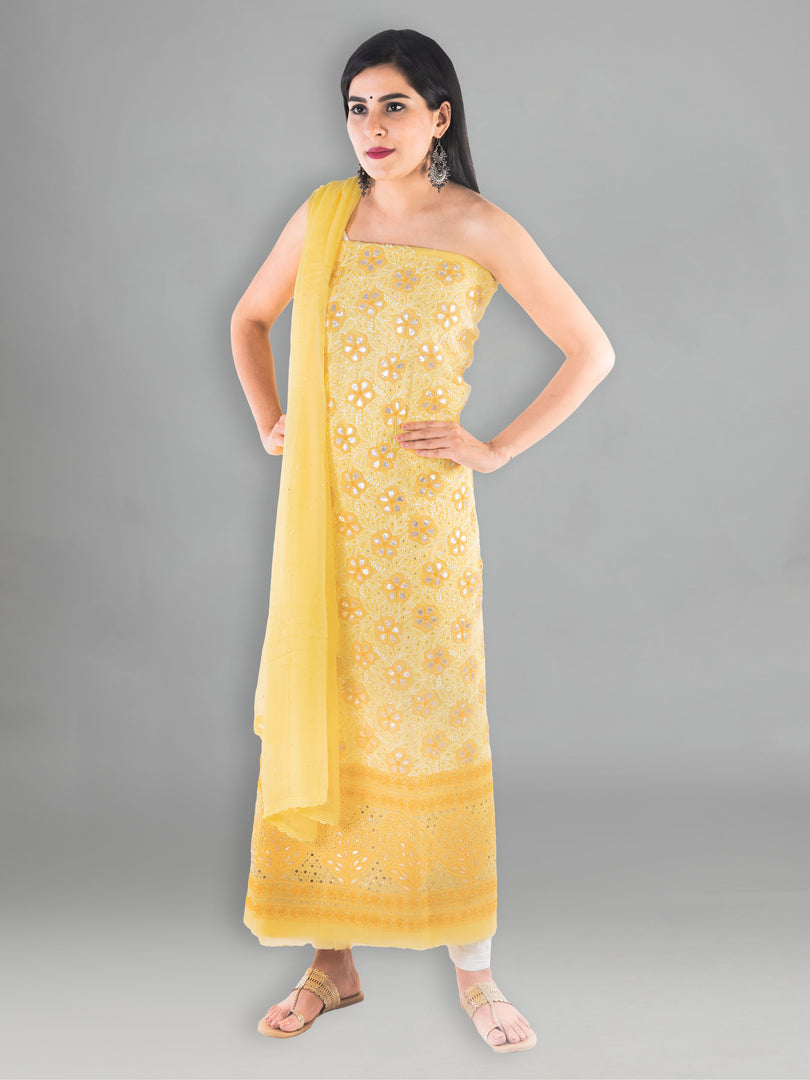 Seva Chikan Hand Embroidered Golden Yellow Cotton Lucknowi Chikan Unstitched Suit Piece-SCL1542