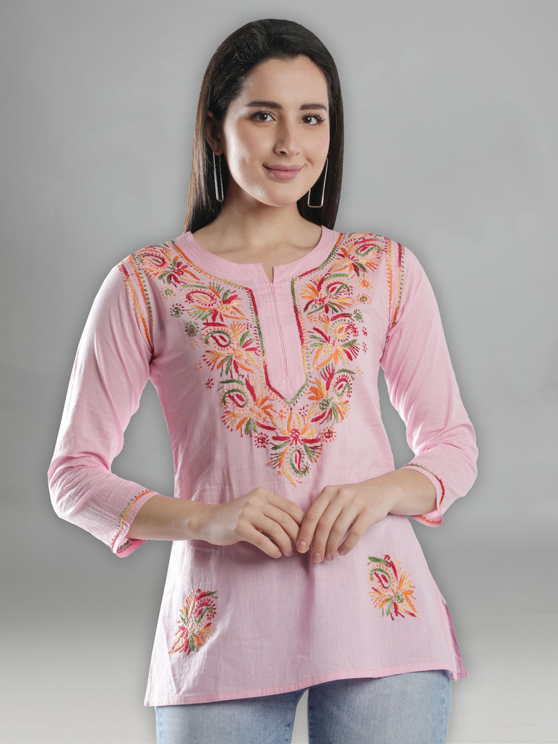 Seva Chikan Hand Embroidered Cotton Lucknowi Chikan Short Top