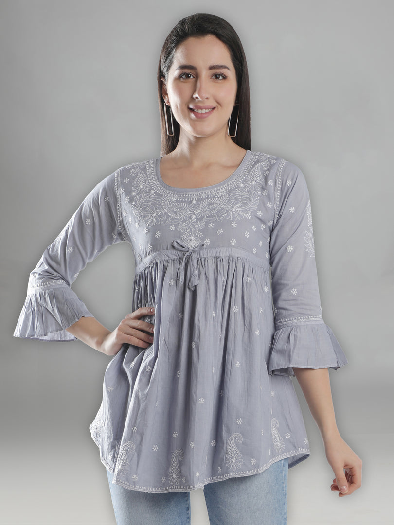 Seva Chikan Hand Embroidered Cotton Lucknowi Chikan Short Top