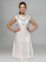 Load image into Gallery viewer, Seva Chikan Hand Embroidered White Cotton Lucknowi Chikan A-Line Kurta-SCL0672