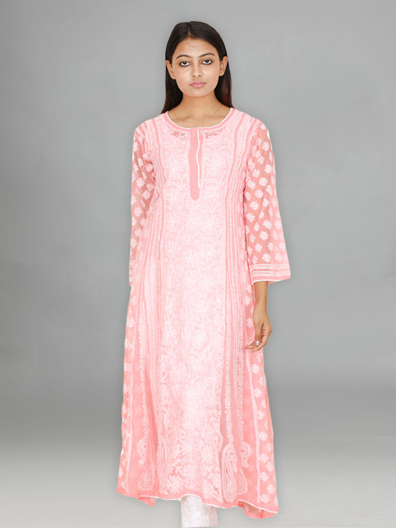 Seva Chikan Hand Embroidered Light Peach Georgette Lucknowi Chikankari Anarkali-SCL0534