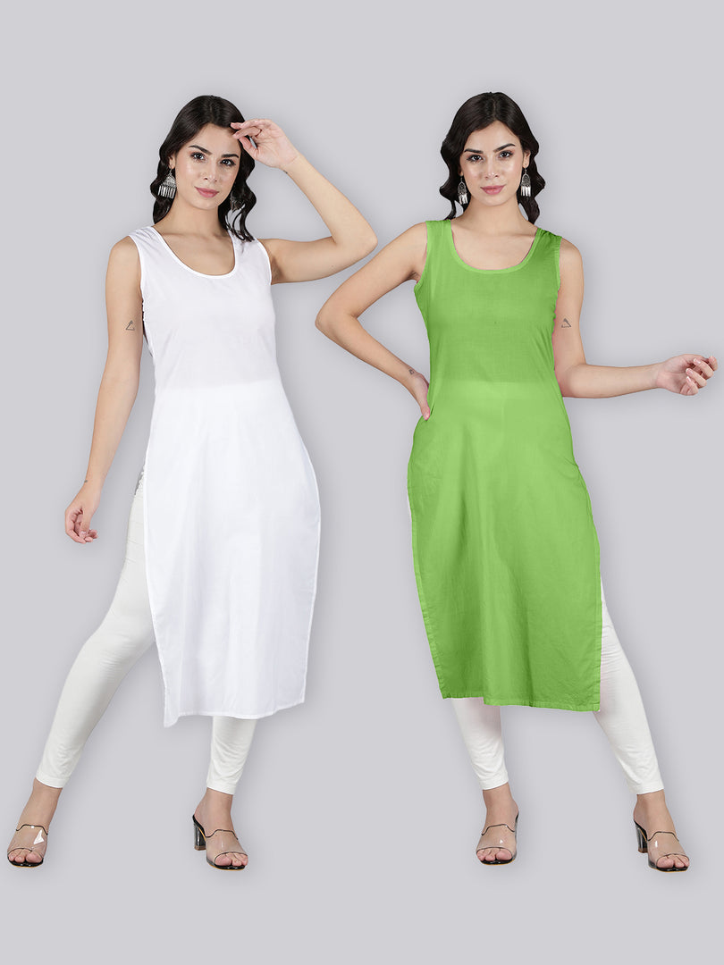 Seva Chikan Cotton Long Slips Combo of White (Pack of 2)