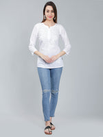 Load image into Gallery viewer, Seva Chikan Hand Embroidered White Cotton Lucknowi Chikan Top-SCL9048