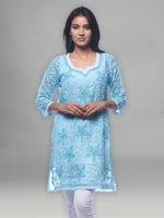 Load image into Gallery viewer, Seva Chikan Hand Embroidered Blue Georgette Lucknowi Chikan Kurti With Slip-SCL0212