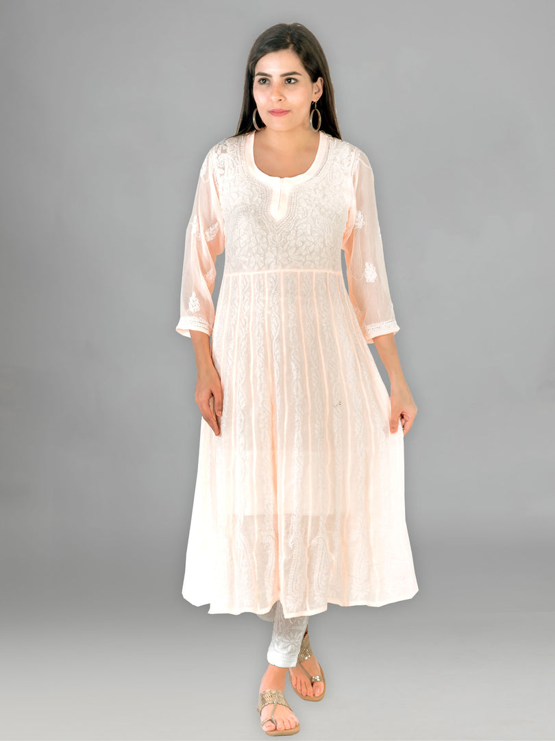 Seva Chikan Hand Embroidered Light Peach Georgette Lucknowi Chikankari Anarkali-SCL1254