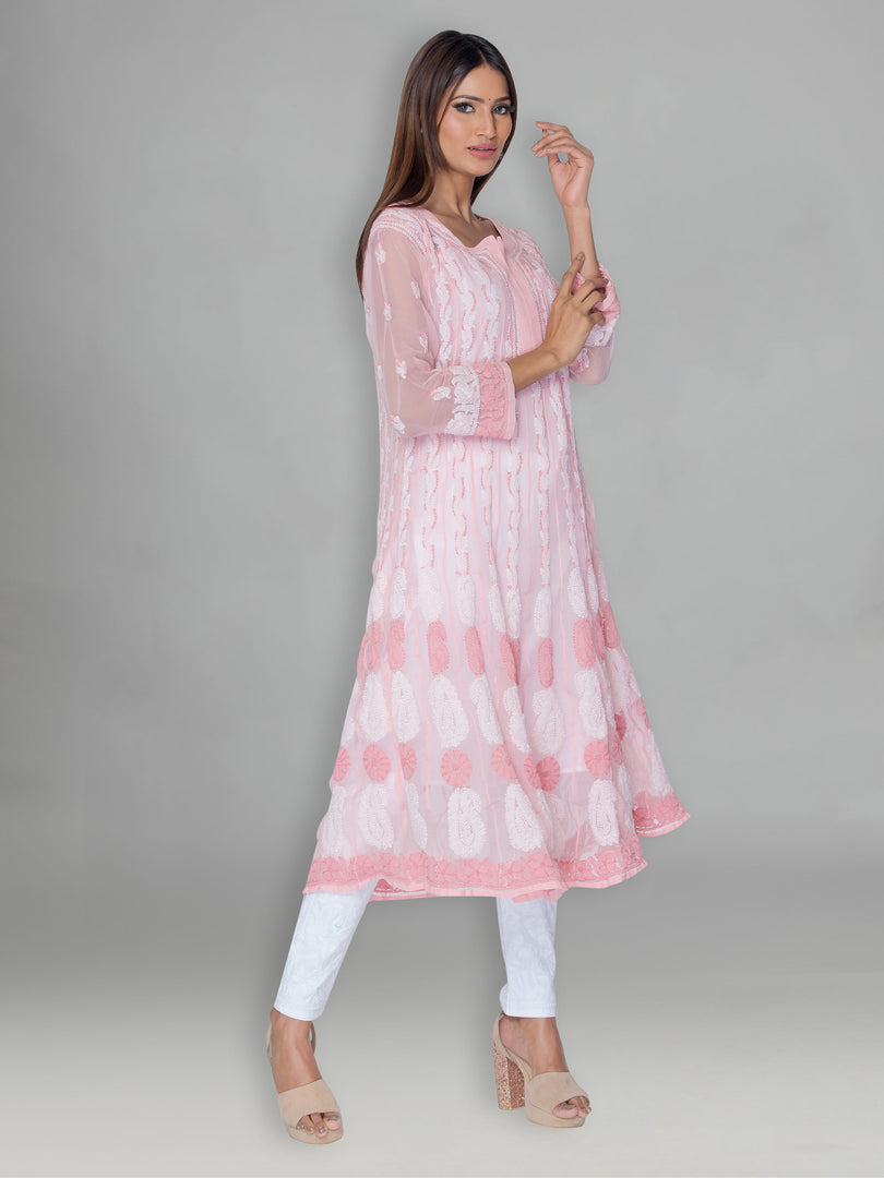 Seva Chikan Hand Embroidered Pink Faux Georgette Lucknowi Chikankari Anarkali Kurta-SCL0959