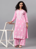 Load image into Gallery viewer, Seva Chikan Hand Embroidered Pink Rayon Lucknowi Chikankari Kurta Set SCL8063