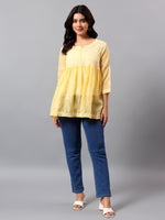 Load image into Gallery viewer, Seva Chikan Hand Embroidered Terivoil Cotton Lucknowi Chikan Yellow Top SCL9242