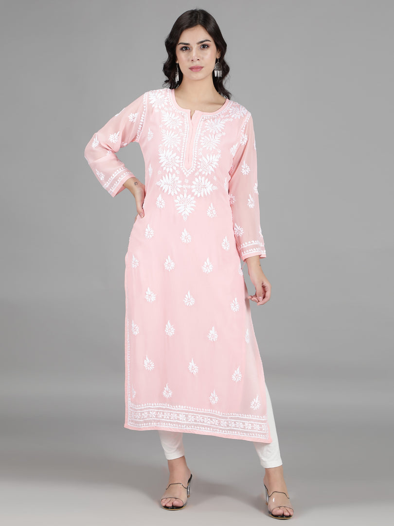 Seva Chikan Hand Embroidered Georgette Lucknowi Chikan Kurti With Slip